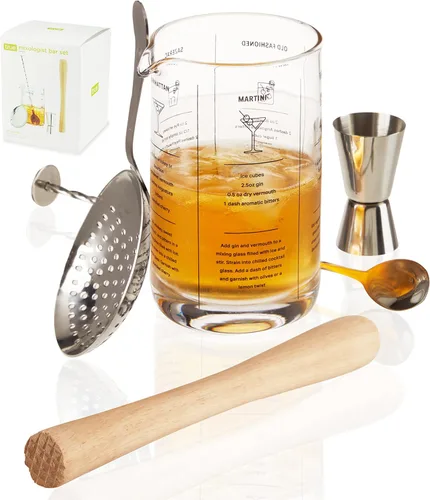 True Kit de barman de mezcla de acero inoxidable, incluye vaso de mezcla de recetas, colador julep, mezclador, doble jigger y cuchara para bebidas