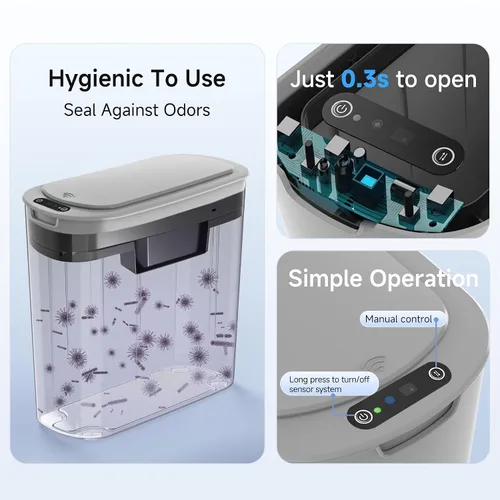 Miniatura 6 de TIPGO - Cubo de basura automático con sensor de movimiento para baño con tapa, basurero táctil de 2.6 galones, papelera de plástico delgada y Gris