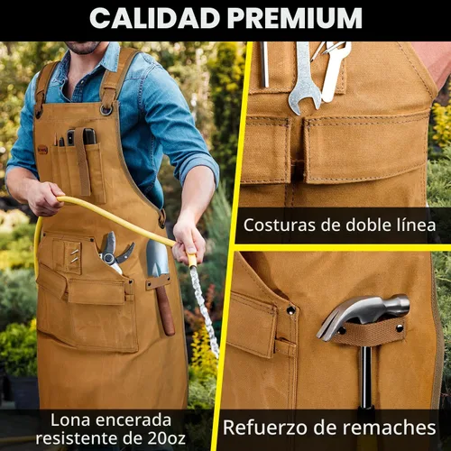 Miniatura 4 de Delantal de carpintería para hombres, delantal de trabajo de lona de 20 onzas con 9 bolsillos para herramientas, delantal de trabajo de madera Caqui