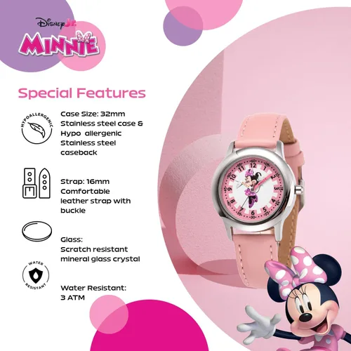 Miniatura 18 de Disney Minnie Mouse Watch for Girls – Cute Minnie Watch for Kids 3-5 with Stainless Steel Bezel & Pink Leather Strap – Adorable Mouse Watches