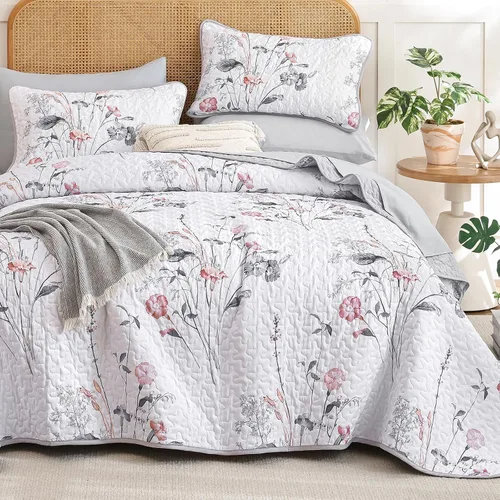 Miniatura 16 de WONGS BEDDING Juego de edredón floral verde azulado, tamaño Queen, juego de colcha de 3 piezas con patrón de plantas botánicas con 2 fundas