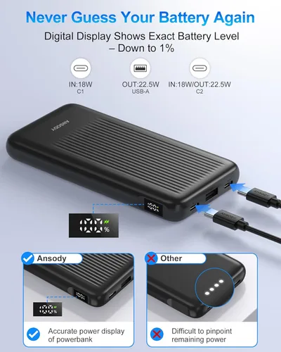 Miniatura 3 de Paquete de 2 cargadores portátiles, 10,000 mAh, 22,5 W, USB C, carga rápida, con 2 salidas y 2 entradas, pantalla digital, compatible con tabletas