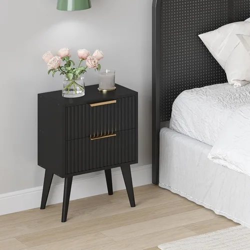 Miniatura 7 de YAUKOMEL Mesita de noche negra, mesita de noche moderna de mediados de siglo, mesita de noche acanalada con 2 cajones, mesa auxiliar con patas