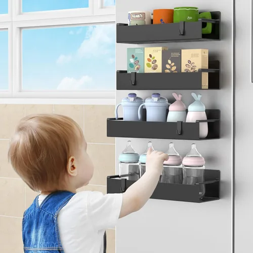 Miniatura 7 de HuggieGems Paquete de 4 organizadores magnéticos para especias para refrigerador y horno, organizadores negros para nevera y almacenamiento
