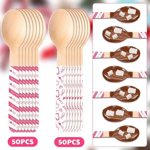 Miniatura 3 de Eaasty 100 cucharas de madera de chocolate caliente para el día de San Valentín, malvavisco, barra romántica de madera, cucharas agitadoras