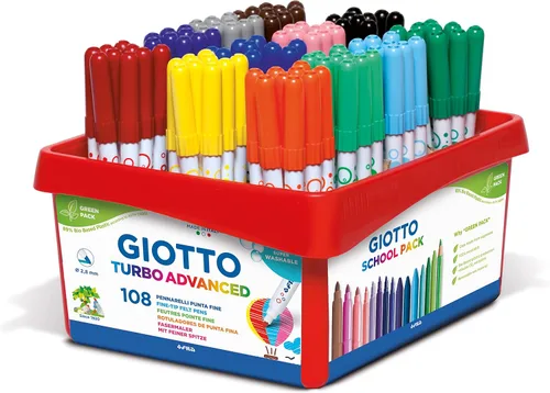 Giotto Turbo Advanced - Bolígrafos de fibra de fieltro súper lavables, punta fina de 0.110 in, paquete escolar, 108 unidades, 9 x 12 colores