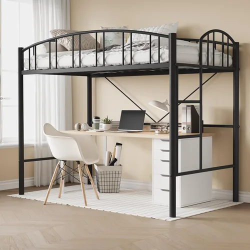 IDEALHOUSE Cama alta tamaño individual con escalera y barandilla de arco alto, listones de metal resistentes, diseño que ahorra espacio, estilo de