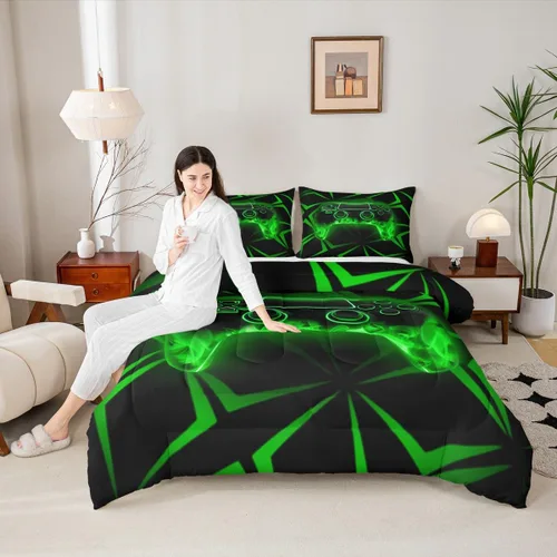 Miniatura 28 de Manfei Juego de edredón moderno de 2 piezas con estampado de consola de videojuegos de panal azul con 1 funda de almohada, juego de ropa de cama