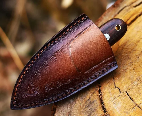 Miniatura 4 de ANCILLA Cuchillo de ciervo de campamento hecho a mano para caza de damasco, hoja fija de espiga completa, mini cuchillo de cuello de vaquero