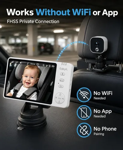Miniatura 3 de Cámara inalámbrica para automóvil de bebé, visión nocturna automática IR HD 1080P, monitor de bebé giratorio de 360°, pantalla de 5 pulgadas zoom