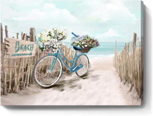 Lienzo de playa para baño, imágenes del océano, impresión de lienzo de bicicleta junto al mar, pintura enmarcada de paisaje marino, verde azulado,