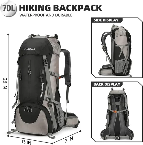 Miniatura 2 de King'sGuard Mochila de senderismo de 70L con cubierta de lluvia, mochila de viaje impermeable ligera para acampar, mochila grande Negro