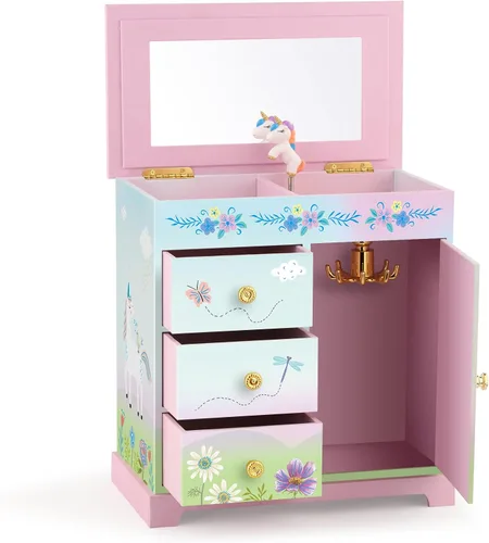 Miniatura 10 de RR ROUND RICH DESIGN - Joyero musical para niñas con cajón y juego de joyas con tema de bailarina, melodía de “El lago de los cisnes”, color rosado