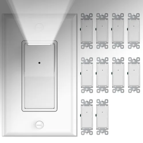 Paquete de 10 interruptores de luz SOZULAMP con luz nocturna LED de 15 amperios, 120/277 voltios, interruptor de pared de un solo polo, sensor de