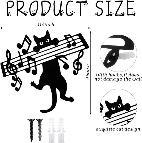 Miniatura 2 de Otoolling Notas musicales para decoración de pared con diseño de gato negro de metal, letreros musicales para colgar, decoración del hogar para sala