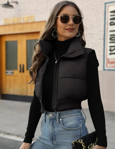 Miniatura 3 de Gihuo Chaleco acolchado recortado para mujer, sin mangas, chaqueta acolchada, chaleco acolchado para invierno, con cremallera completa, abrigo ligero