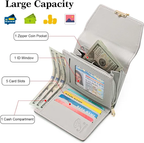 Miniatura 3 de RNIEGA Cartera pequeña de cuero para mujer, con bloqueo RFID, tarjetero compacto con cremallera y bolsillo para monedas con ventana de identificación