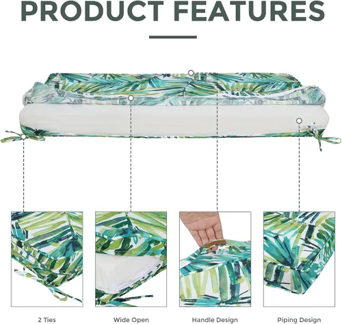 Miniatura 4 de Magpie Fabrics Cojín de banco para exteriores de 48 x 18 pulgadas, con asa y lazos para jardín, patio, porche, sofá, columpio (hojas de palma verde)