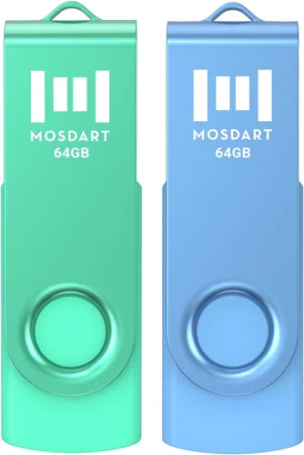 MOSDART Unidad flash USB 2.0 de 64 GB, con bucle para llavero, diseño giratorio con luz LED, memoria USB exFAT para computadoras, respaldo del Azul
