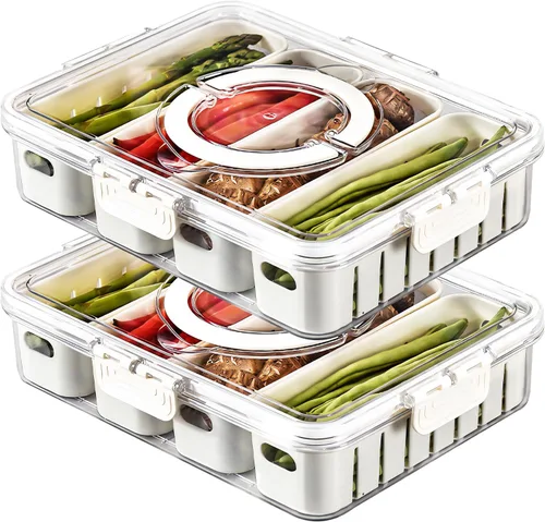 Miniatura 10 de Bandeja Dividida para Servir Alimentos con Tapas Caja Apilable de Snacks para Dulces Nueces Especias Contenedor de Frutas y Verduras con 6 Divisores