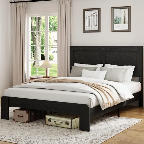 Base de cama completa de madera con cabecera, base de cama de plataforma rústica de granja con soporte de 12 listones de madera, no necesita somier
