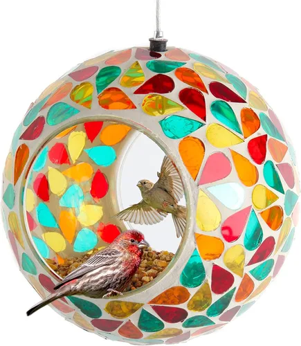 Miniatura 10 de Lily's Home Comedero Colgante de Mosaico de Vidrio de 15 Cm para Pájaros al Aire Libre Comedero Grande para Pájaros con Paso para Volar