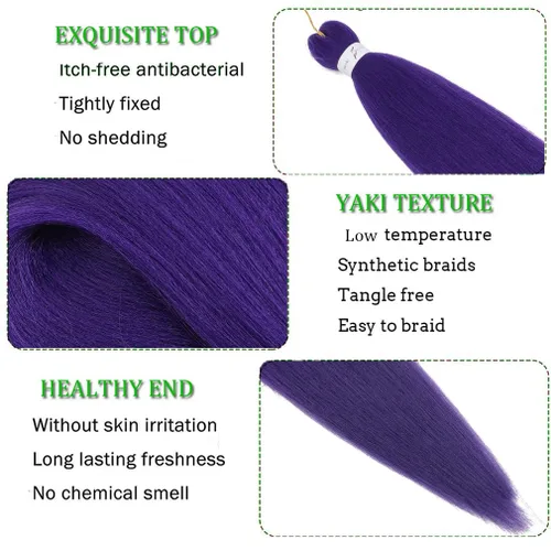 Miniatura 3 de Extensiones de cabello trenzado preestirado morado de 26 pulgadas, paquete de 3 paquetes de extensiones de cabello sintético Yaki texturizado