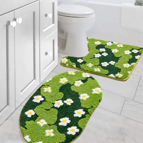 Miniatura 9 de Bonita Alfombra de Baño Verde Floral Hierba Primavera Flor Margarita Alfombras de Baño Antideslizantes Lavables a Máquina Súper Absorbentes