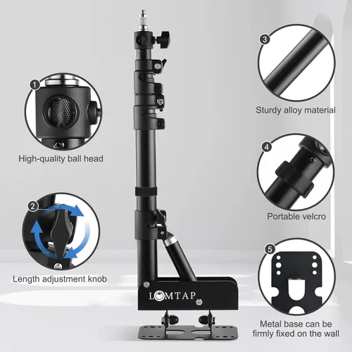 Miniatura 3 de LOMTAP Soporte de anillo de luz de montaje en pared ajustable de 45.7" Brazo de pluma para iluminación de fotografía Estudio, Montaje en pared