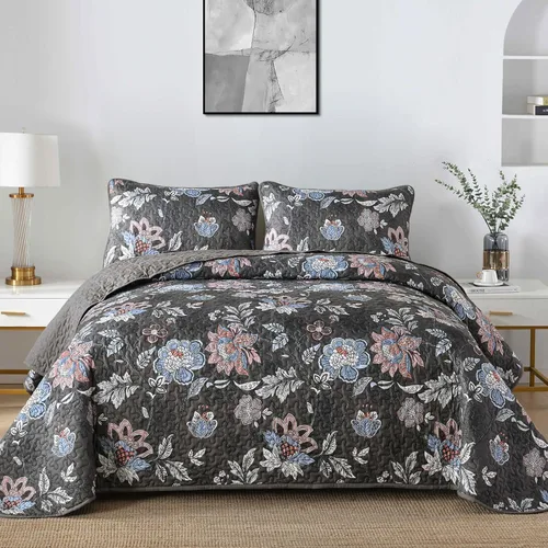 Miniatura 11 de WONGS BEDDING Juego de colcha tamaño Queen, juego de ropa de cama con estampado botánico negro, 3 piezas, colcha floral con 2 fundas de almohada