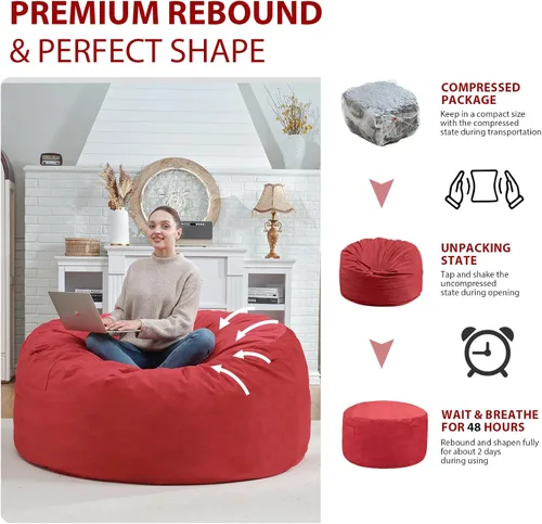 Miniatura 335 de Puf de 5 pies, puf grande con relleno de espuma viscoelástica, sofá puff esponjoso con funda de terciopelo holandés, puf redondo para sala de estar