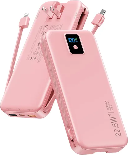 Miniatura 15 de Cargador portátil, cargador de batería de carga rápida de 12000 mAh 22.5 W con cables integrados y enchufe de pared, paquete de baterías esenciales