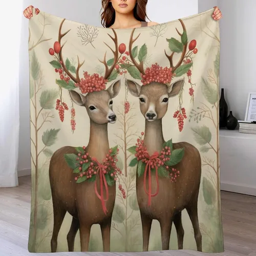 Miniatura 7 de Elegante manta de Navidad con diseño de ciervos y bayas rojas y verdes, diseño de renos de invierno, con diseño de ciervos y bayas rojas, manta