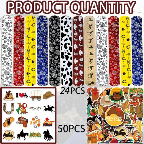 Miniatura 2 de CZWXOXO 74 piezas de recuerdos de fiesta de vaquero occidental, 24 pulseras de vaquero occidental, 50 calcomanías de vaquero occidental