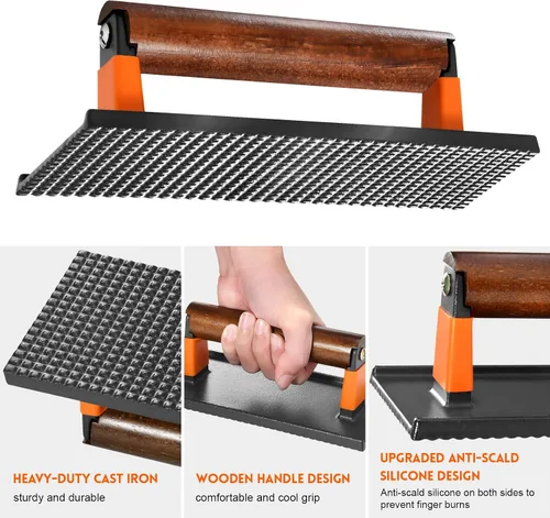 Miniatura 4 de GGC Prensa de tocino para plancha, prensa de hamburguesa de hierro fundido para hamburguesas, bistec, tocino, sándwiches, prensa rectangular