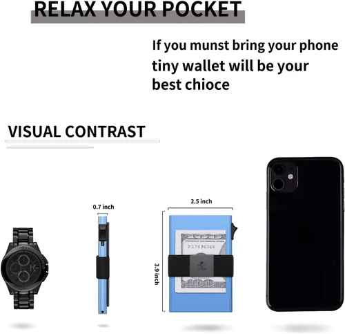 Miniatura 8 de SEMORID Cartera delgada de aluminio con tarjetero para hombre, Botón azul realB, Cartera Rfid minimalista para hombre