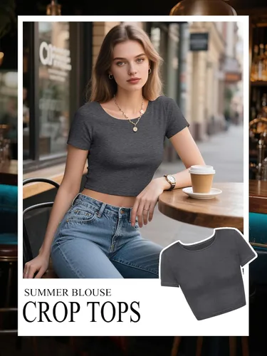 Miniatura 3 de Paquete de 4 camisetas cortas básicas ajustadas de manga corta para mujer, lindas camisetas cortas de moda con cuello redondo para mujeres