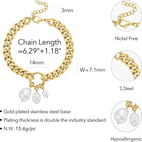 Miniatura 2 de EF ENFASHION Pulsera clásica de eslabones de perlas de acero inoxidable chapada en oro de 18 quilates con dije de corazón para mujeres y niñas