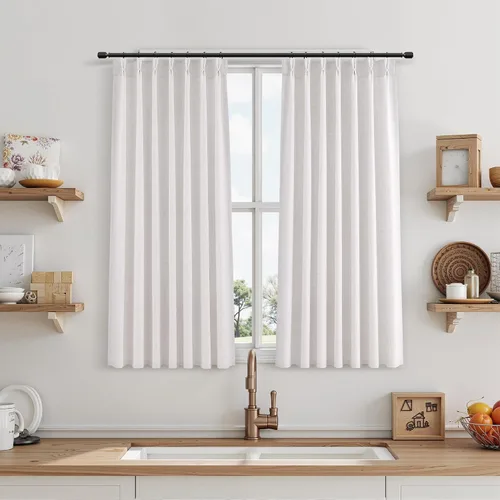 Miniatura 76 de Juego de 2 paneles de cortinas de ventana de cocina beige de 24 pulgadas de largo, con textura de lino, plisadas, filtrantes de luz, semi pequeñas
