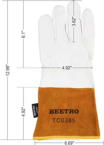 Miniatura 5 de BEETRO Guantes de trabajo 1 par, cuero de vaca dividido resistente al calor/fuego para soldadura Tig, guante para BBQ/almacén/trabajo pesado/manejo