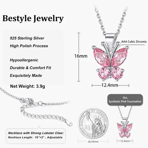 Miniatura 7 de Bestyle Anillo de collar de mariposa con piedra natal plateada para mujeres, delicado y lindo regalo de joyería de mariposa para mujeres