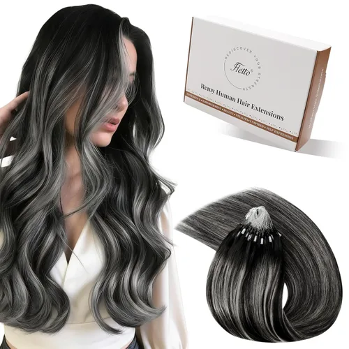 Miniatura 42 de Hetto Extensiones de cabello humano con nano cuentas, balayage, extensiones de cabello humano, color negro degradado a plateado, extensiones