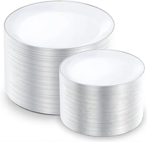 Miniatura 16 de KIRE 175 platos de plástico azul con borde plateado y cubiertos desechables con mango azul y tazas de borde plateado, servilleta de mano y vajilla