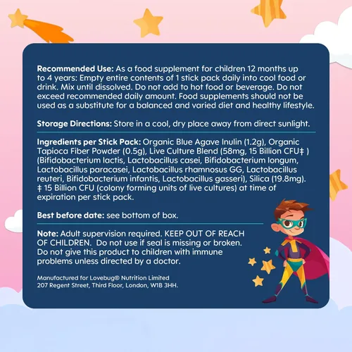 Miniatura 7 de LOVEBUG Polvo probiótico para niños con fibra prebiótica – Apoyo inmunitario y alivio del estreñimiento – Probióticos orgánicos USDA para la salud