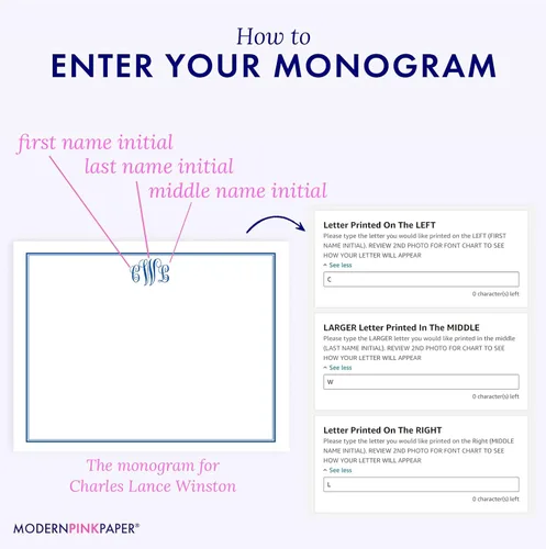 Miniatura 3 de Modern Pink Paper Juego de papelería con monograma de 3 letras para hombres o mujeres TARJETAS DE NOTAS PLANAS, tarjetas de notas con monograma