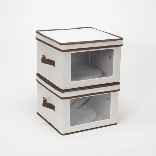 Miniatura 8 de Household Essentials 536 - Caja de almacenamiento de vajilla con tapa y asas Baúl para platos de cena Lona natural con ribete marrón