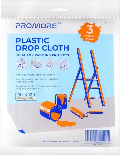 3 paños de plástico para gotas, 1 mil de grosor, 9 x 12 pies, hoja de pintor gruesa para pintura, muebles, paredes y protección del suelo