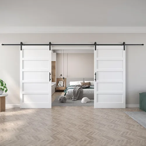 Miniatura 34 de Fredbeck Puerta de granero blanca de 30 x 84 pulgadas con kit de herrajes para puerta corredera de 5.5 pies incluido y asa, sólida, MDF, superficie