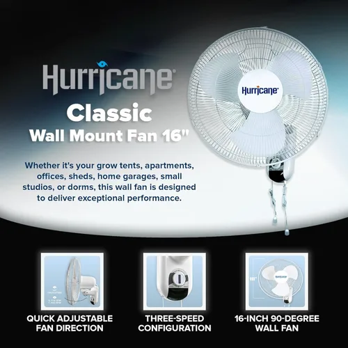 Miniatura 2 de Hurricane Ventilador de pared oscilante clásico de 16 pulgadas con 3 ajustes de velocidad, color blanco