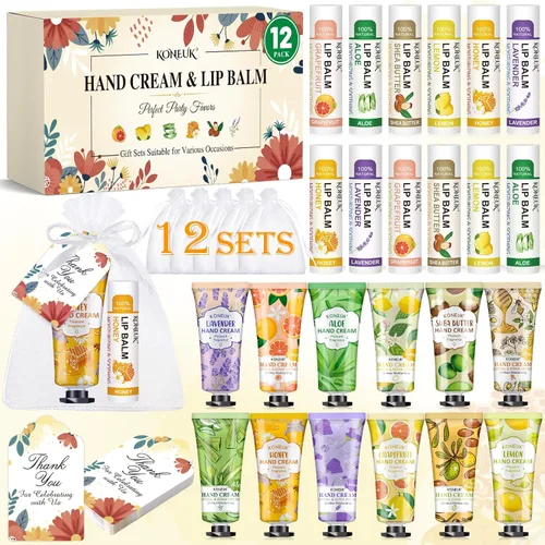 KONEUK 12 Pack Bulk Hand Cream and Lip Balm Set for Women, Mothers Day Gifts, Teacher Appreciation Gifts, Nurse Gifts, Bridal Shower Favors, Wedding